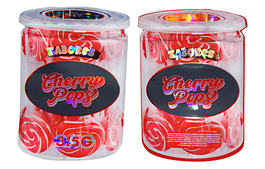 Shaped Mylar bag 3.5g, herb Mylar Bags, Where to buy mylar bags, Custom mylar bags near me, Mylar Bags Wholesale. Two containers of Cherry Pops lollipops with colorful labels on a white background.