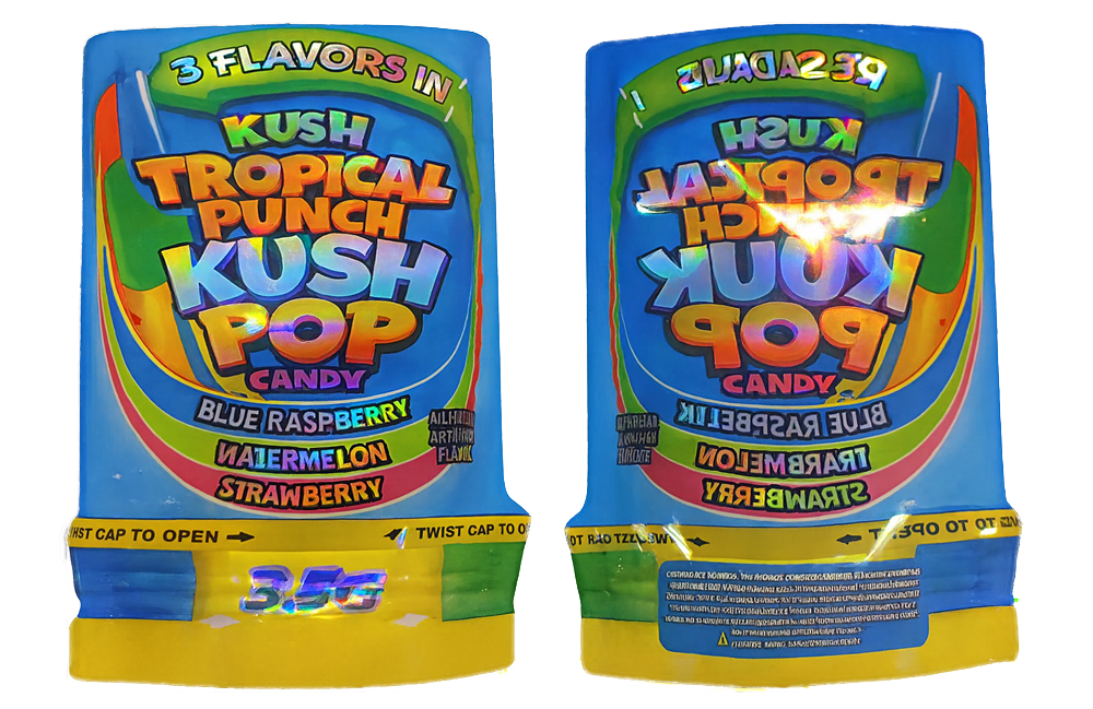 Mylar Bag Two packages of Kush Tropical Punch Kush Pop candy on a white background