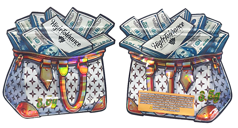 Shaped Mylar bag 3.5g, herb Mylar Bags, Where to buy mylar bags, Custom mylar bags near me, Mylar Bags Wholesale. Two colorful purses with money design on a white background