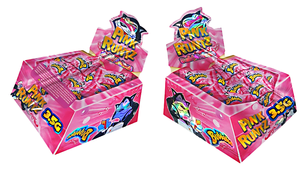 Shaped Mylar bag 3.5g, herb Mylar Bags, Where to buy mylar bags, Custom mylar bags near me, Mylar Bags Wholesale. Pink Rummy game boxes with colorful text on a white background
