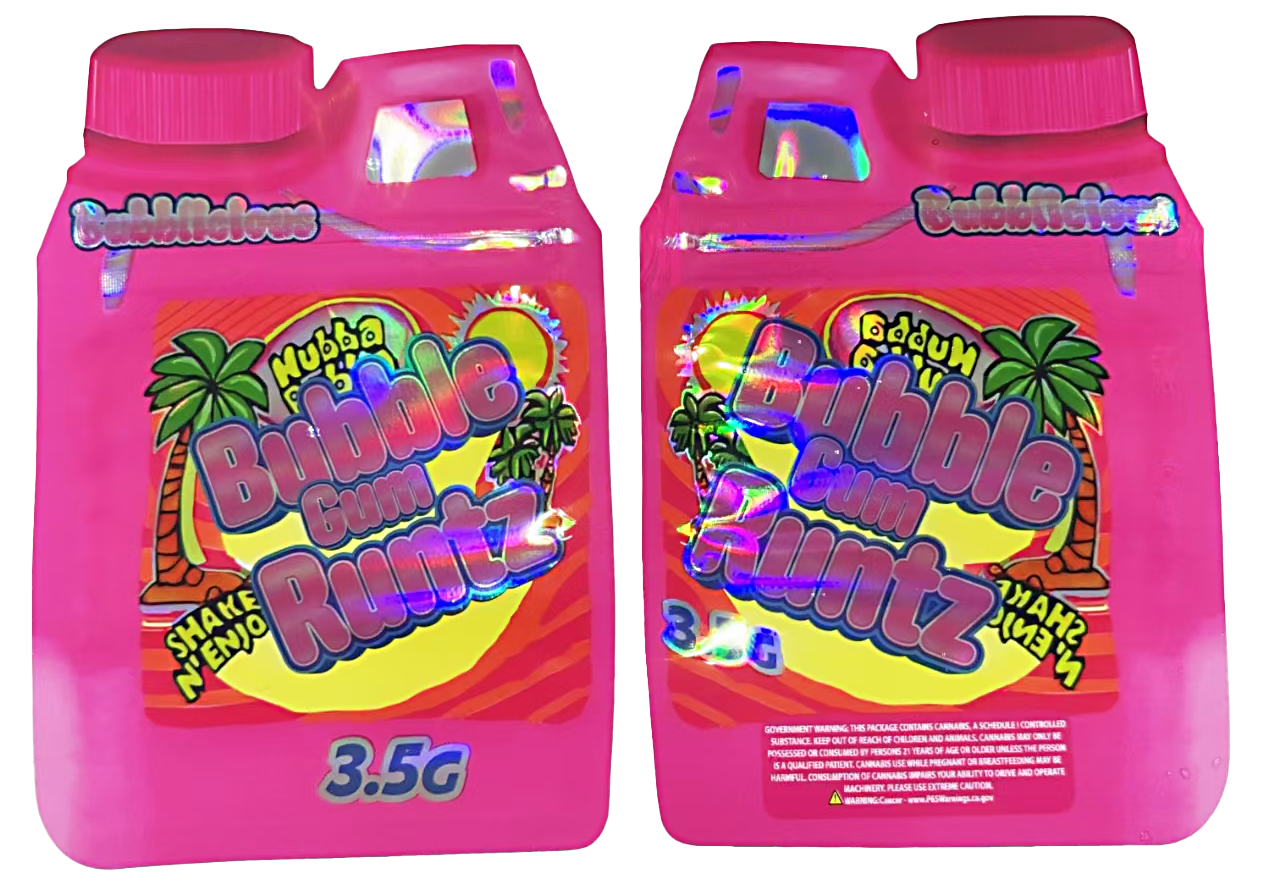 Shaped Mylar bag 3.5g, herb Mylar Bags, Where to buy mylar bags, Custom mylar bags near me, Mylar Bags Wholesale. Two pink bottles of Bubble Gum Flutz with colorful labels on a white background
