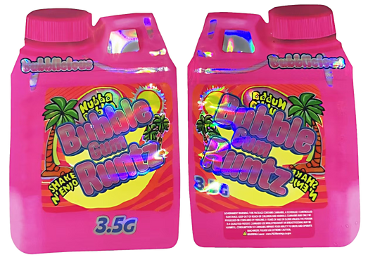 Shaped Mylar bag 3.5g, herb Mylar Bags, Where to buy mylar bags, Custom mylar bags near me, Mylar Bags Wholesale. Two pink bottles of Bubble Gum Flutz with colorful labels on a white background