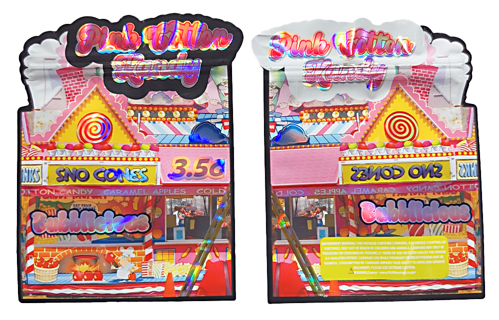 Shaped Mylar bag 3.5g, herb Mylar Bags, Where to buy mylar bags, Custom mylar bags near me, Mylar Bags Wholesale. Two colorful candy display stands with various candy names and prices.