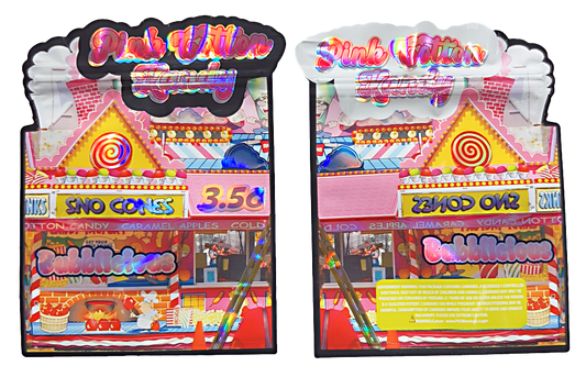 Shaped Mylar bag 3.5g, herb Mylar Bags, Where to buy mylar bags, Custom mylar bags near me, Mylar Bags Wholesale. Two colorful candy display stands with various candy names and prices.