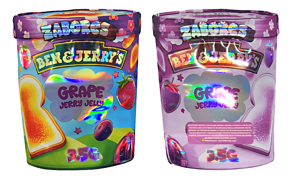 Shaped Mylar bag 3.5g, herb Mylar Bags, Where to buy mylar bags, Custom mylar bags near me, Mylar Bags Wholesale. Two containers of Ben & Jerry's Grape Jelly flavor ice cream with colorful packaging.
