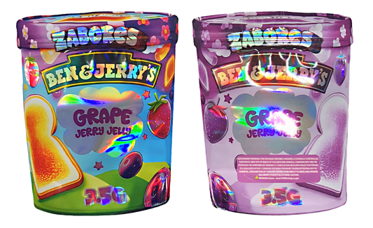 Shaped Mylar bag 3.5g, herb Mylar Bags, Where to buy mylar bags, Custom mylar bags near me, Mylar Bags Wholesale. Two containers of Ben & Jerry's Grape Jelly flavor ice cream with colorful packaging.