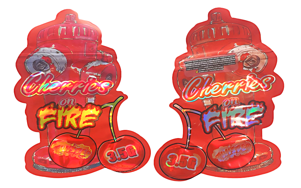 Shaped Mylar bag 3.5g, herb Mylar Bags, Where to buy mylar bags, Custom mylar bags near me, Mylar Bags Wholesale. Two red packaging of 'Cherries on Fire' candy on a white background