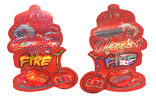 Shaped Mylar bag 3.5g, herb Mylar Bags, Where to buy mylar bags, Custom mylar bags near me, Mylar Bags Wholesale. Two red packaging of 'Cherries on Fire' candy on a white background