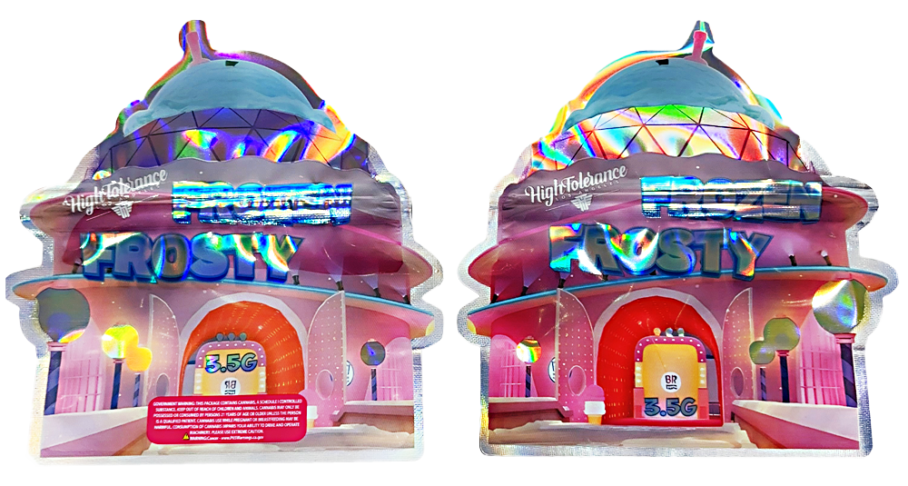 Shaped Mylar bag 3.5g, herb Mylar Bags, Where to buy mylar bags, Custom mylar bags near me, Mylar Bags Wholesale. Two colorful toy store models with 'Frosty' and 'Twisty' branding on a white background.