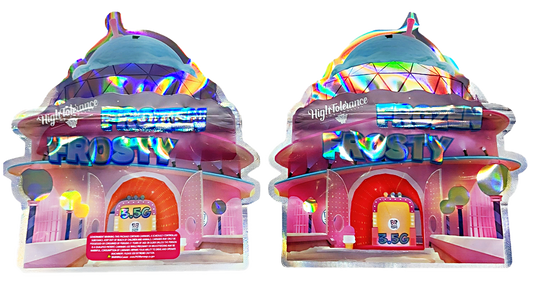 Shaped Mylar bag 3.5g, herb Mylar Bags, Where to buy mylar bags, Custom mylar bags near me, Mylar Bags Wholesale. Two colorful toy store models with 'Frosty' and 'Twisty' branding on a white background.