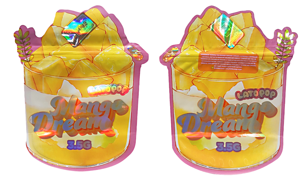 Shaped Mylar bag 3.5g, herb Mylar Bags, Where to buy mylar bags, Custom mylar bags near me, Mylar Bags Wholesale. Two containers of 'Mango Dream' candy with colorful packaging on a white background.