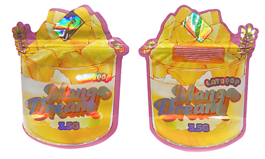 Shaped Mylar bag 3.5g, herb Mylar Bags, Where to buy mylar bags, Custom mylar bags near me, Mylar Bags Wholesale. Two containers of 'Mango Dream' candy with colorful packaging on a white background.