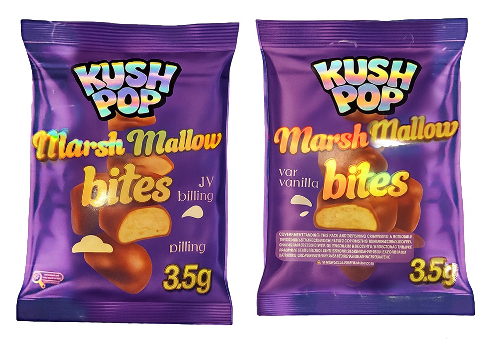 Two Mylar Bag packages of Kush Pop Marshmallow bites on a white background