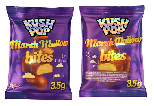 Two Mylar Bag packages of Kush Pop Marshmallow bites on a white background