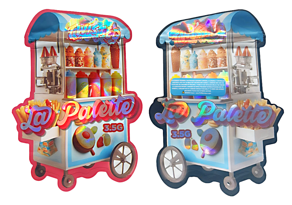 Shaped Mylar bag 3.5g, herb Mylar Bags, Where to buy mylar bags, Custom mylar bags near me, Mylar Bags Wholesale. Two colorful La Palette candy carts on a white background