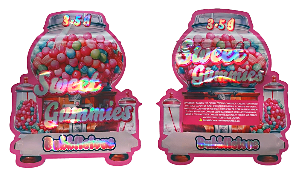 Shaped Mylar bag 3.5g, herb Mylar Bags, Where to buy mylar bags, Custom mylar bags near me, Mylar Bags Wholesale. Two pink gumball machines filled with colorful gummy bears on a white background.
