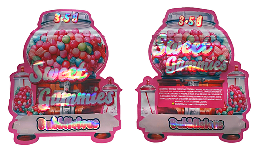 Shaped Mylar bag 3.5g, herb Mylar Bags, Where to buy mylar bags, Custom mylar bags near me, Mylar Bags Wholesale. Two pink gumball machines filled with colorful gummy bears on a white background.