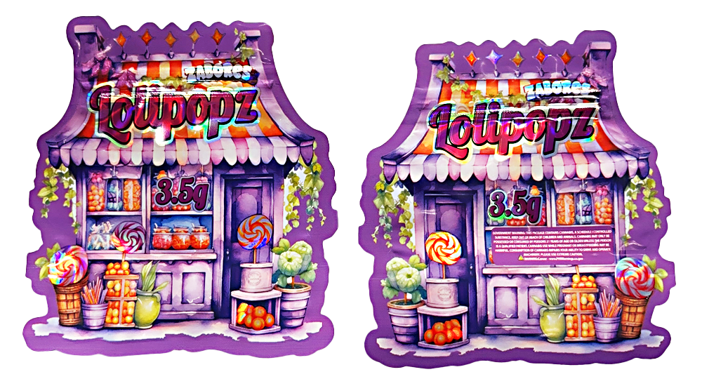 Shaped Mylar bag 3.5g, herb Mylar Bags, Where to buy mylar bags, Custom mylar bags near me, Mylar Bags Wholesale. Two colorful candy store models with 'Loudpopz' and 'Lollicopter' branding on a white background.