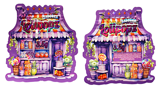 Shaped Mylar bag 3.5g, herb Mylar Bags, Where to buy mylar bags, Custom mylar bags near me, Mylar Bags Wholesale. Two colorful candy store models with 'Loudpopz' and 'Lollicopter' branding on a white background.