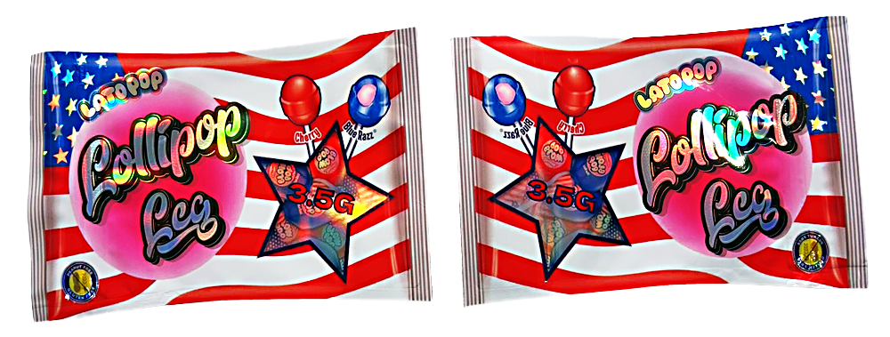 Shaped Mylar bag 3.5g, herb Mylar Bags, Where to buy mylar bags, Custom mylar bags near me, Mylar Bags Wholesale. Two packages of Lollipop Lee candy with American flag design