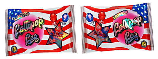 Shaped Mylar bag 3.5g, herb Mylar Bags, Where to buy mylar bags, Custom mylar bags near me, Mylar Bags Wholesale. Two packages of Lollipop Lee candy with American flag design