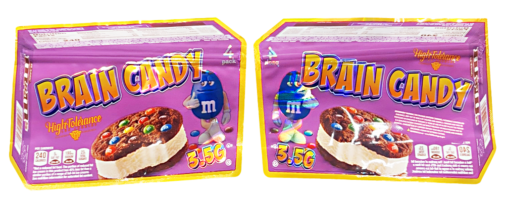 Mylar bag 3.5g, herb Mylar Bags, Where to buy mylar bags, Custom mylar bags near me, Mylar Bags Wholesale. Two packages of Brain Candy candy with colorful packaging and product images.