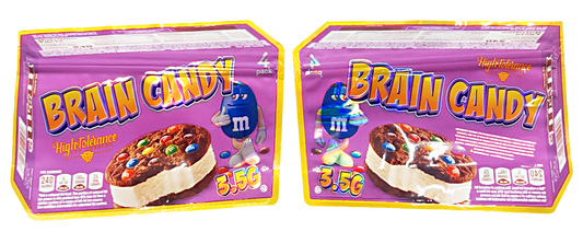 Mylar bag 3.5g, herb Mylar Bags, Where to buy mylar bags, Custom mylar bags near me, Mylar Bags Wholesale. Two packages of Brain Candy candy with colorful packaging and product images.