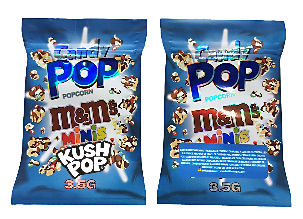 Two Mylar Bag packages of M&M's Popcorn Minis Kush Pop on a white background