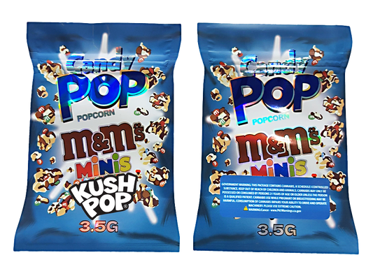 Two Mylar Bag packages of M&M's Popcorn Minis Kush Pop on a white background