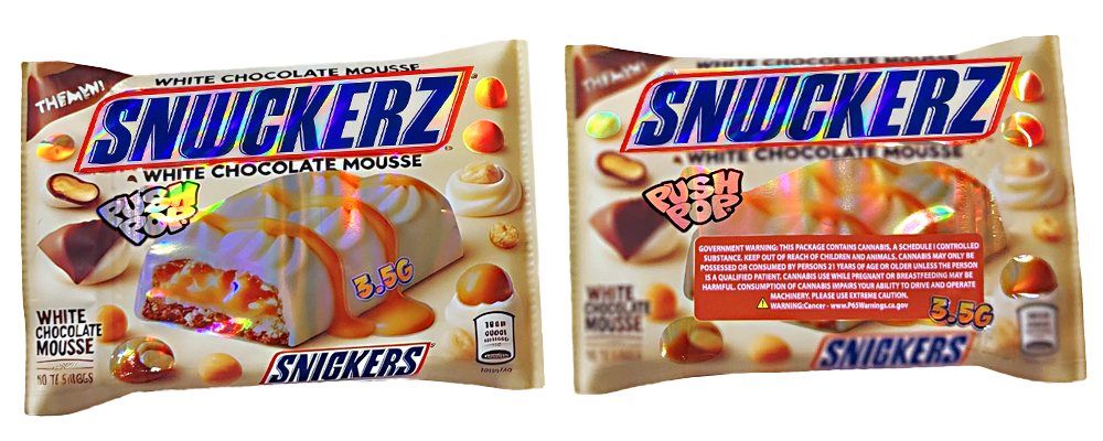 Two Mylar Bag packages of Snickerz candy bars with different flavors on a white background.