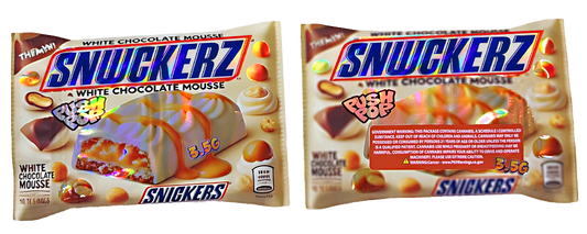 Two Mylar Bag packages of Snickerz candy bars with different flavors on a white background.