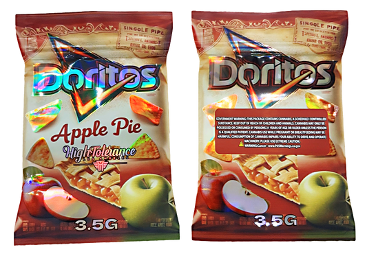 Mylar bag 3.5g, herb Mylar Bags, Where to buy mylar bags, Custom mylar bags near me, Mylar Bags Wholesale. Two packages of Doritos Apple Pie flavored chips with apple graphics on the packaging.