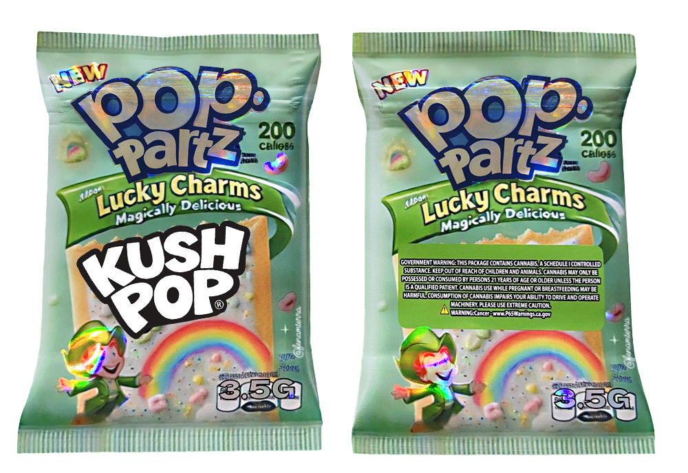 Two Mylar Bag packages of Pop-Tarts Lucky Charms with Kush Pop branding on a white background