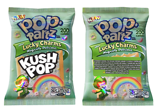 Two Mylar Bag packages of Pop-Tarts Lucky Charms with Kush Pop branding on a white background