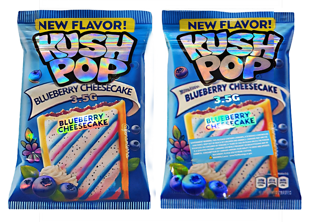 Two Mylar Bag packages of Rush Pop Blueberry Cheesecake flavor on a white background