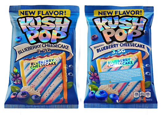 Two Mylar Bag packages of Rush Pop Blueberry Cheesecake flavor on a white background