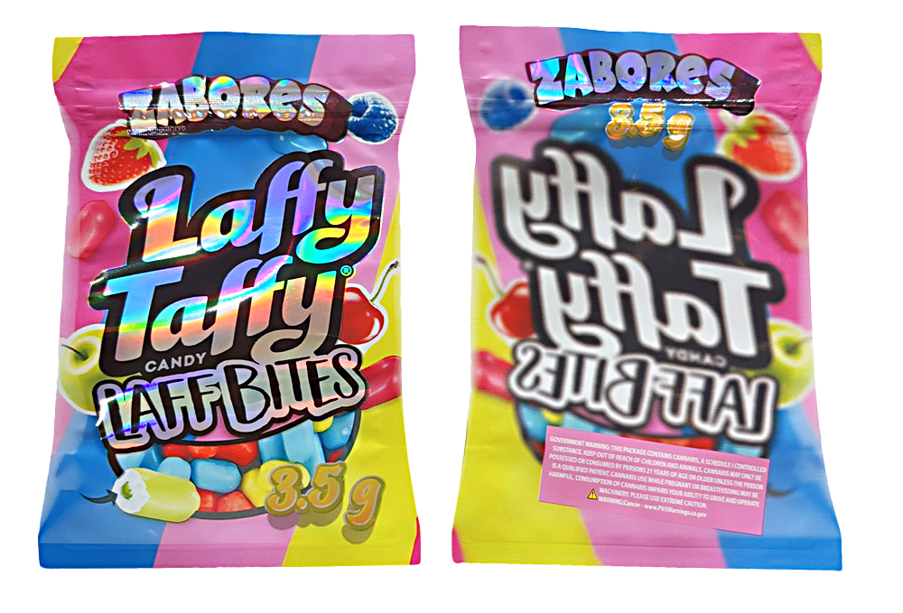 Mylar bag 3.5g, herb Mylar Bags, Where to buy mylar bags, Custom mylar bags near me, Mylar Bags Wholesale. Two packages of Zabores Laffy Taffy candy on a white background