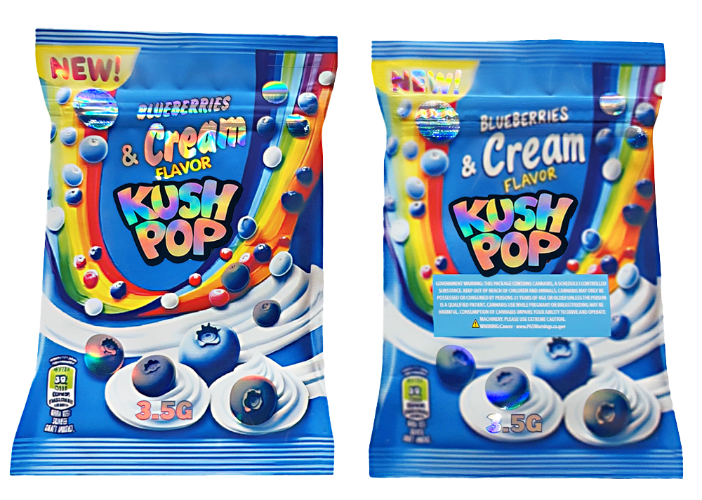 Two Mylar Bag packages of Blueberries & Cream Flavor Kush Pop on a white background