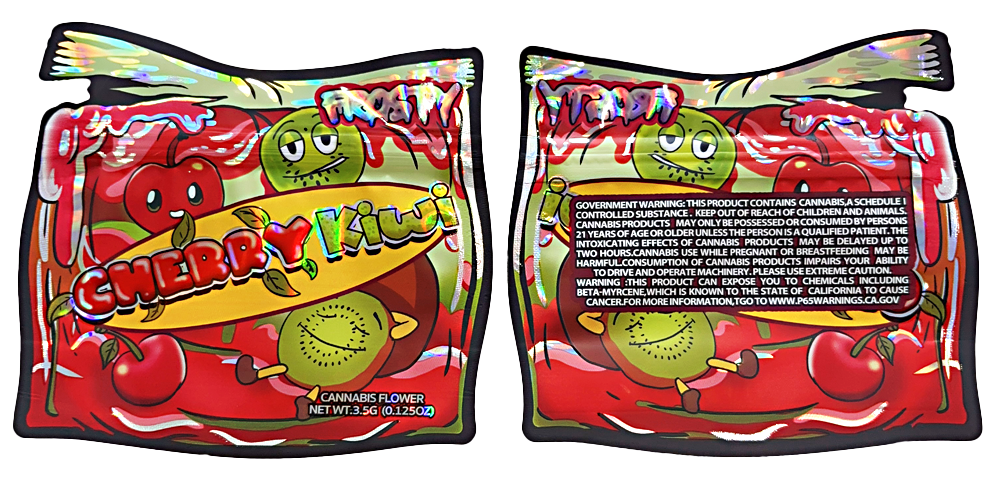 Mylar bag 3.5g, herb Mylar Bags, Where to buy mylar bags, Custom mylar bags near me, Mylar Bags Wholesale. Two packages of Cherry Kiwi flavored herb flower with colorful designs and text.