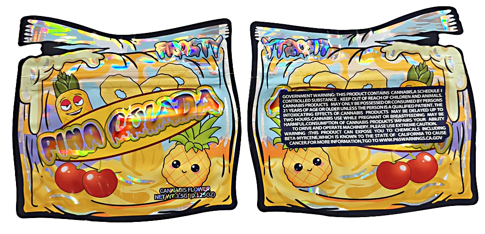 Mylar bag 3.5g, herb Mylar Bags, Where to buy mylar bags, Custom mylar bags near me, Mylar Bags Wholesale. Two packages of 'Pineapple Cherry' flavored candy with colorful packaging.