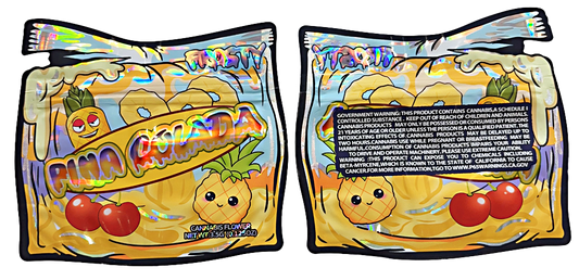 Mylar bag 3.5g, herb Mylar Bags, Where to buy mylar bags, Custom mylar bags near me, Mylar Bags Wholesale. Two packages of 'Pineapple Cherry' flavored candy with colorful packaging.