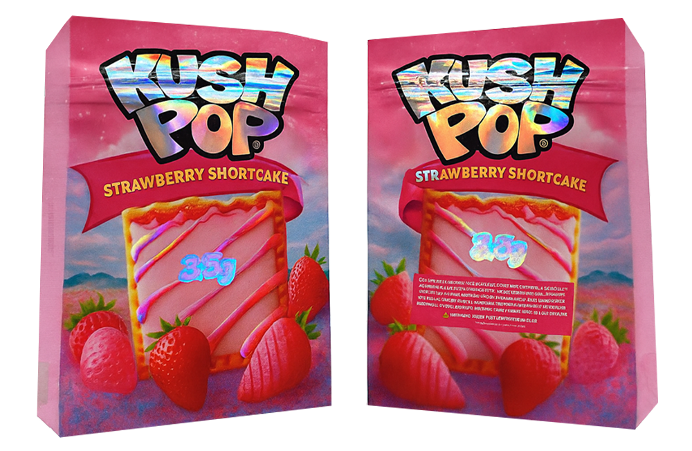 Two Mylar Bag packages of Kush Pop Strawberry Shortcake with colorful text and graphics.