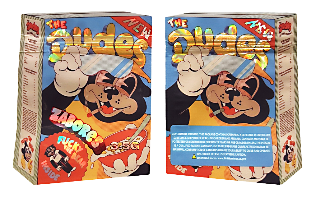 Mylar bag 3.5g, herb Mylar Bags, Where to buy mylar bags, Custom mylar bags near me, Mylar Bags Wholesale. Two packages of 'The Nudgies' with cartoon dog design on a white background