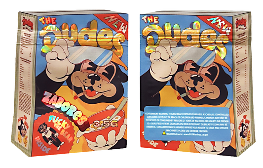 Mylar bag 3.5g, herb Mylar Bags, Where to buy mylar bags, Custom mylar bags near me, Mylar Bags Wholesale. Two packages of 'The Nudgies' with cartoon dog design on a white background