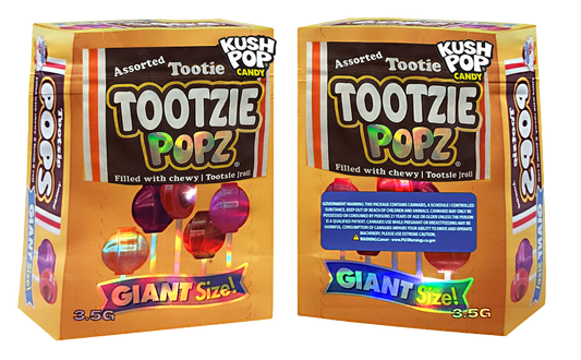 Two Mylar Bag boxes of Tootzie Popz candy, one with a blue label and the other with a red label, on a white background.