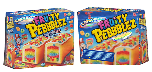 Two Mylar Bag boxes of Fruity Pebblez Twinkies from Fruity Pebbles cereal.