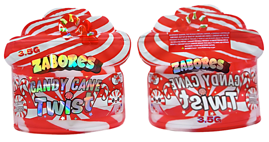Mylar bag 3.5g, herb Mylar Bags, Where to buy mylar bags, Custom mylar bags near me, Mylar Bags Wholesale. Two containers of Zabores Candy Cane Twist on a white background