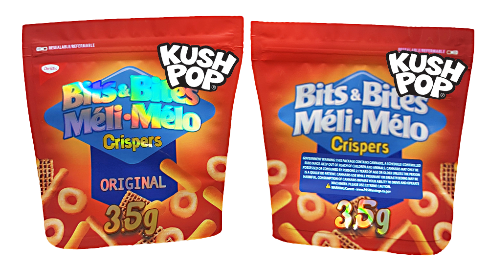 Mylar Bag Two packages of Bits & Bites Meli Melo Crispers with 'Kush Pop' branding on a white background.