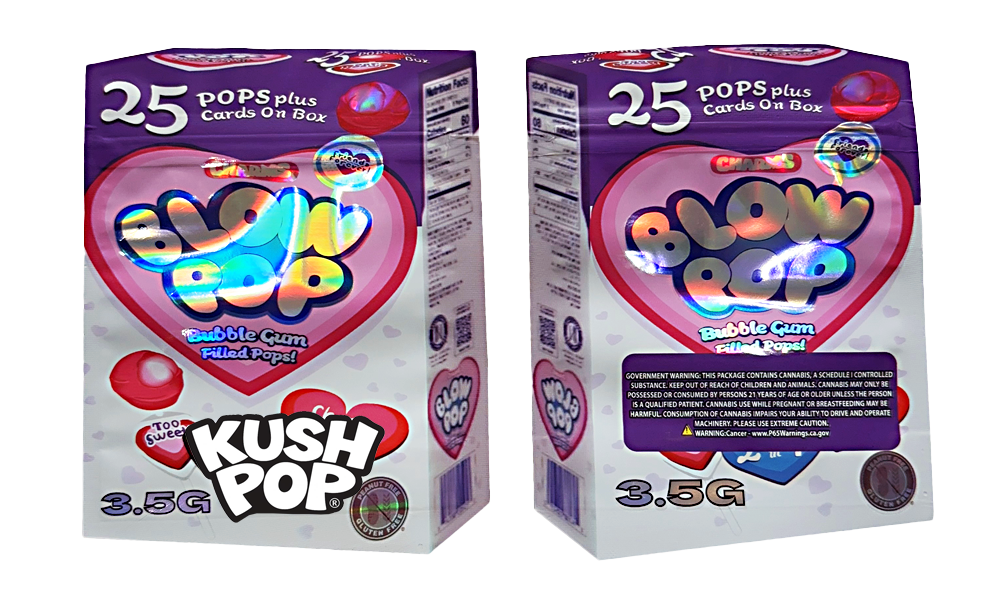 Mylar Bag Two boxes of Kush Pop bubble gum with colorful packaging on a white background