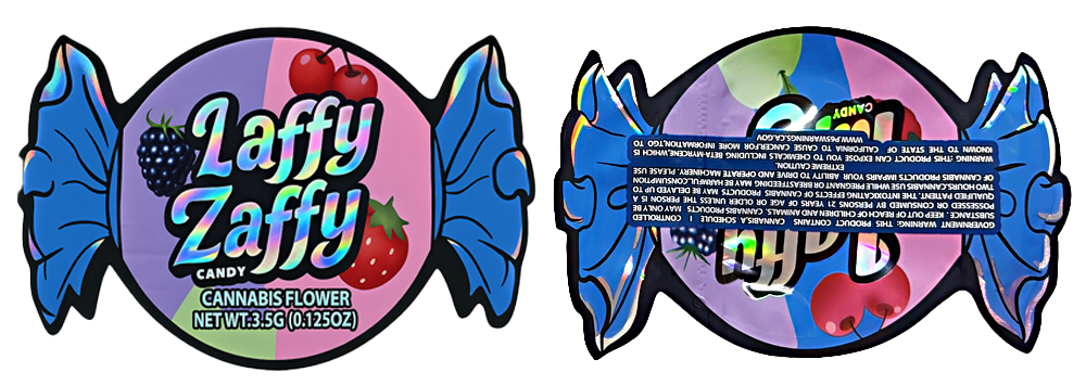 Mylar Bags Laffy Zaffy candy wrapper with herb flower label on a white background